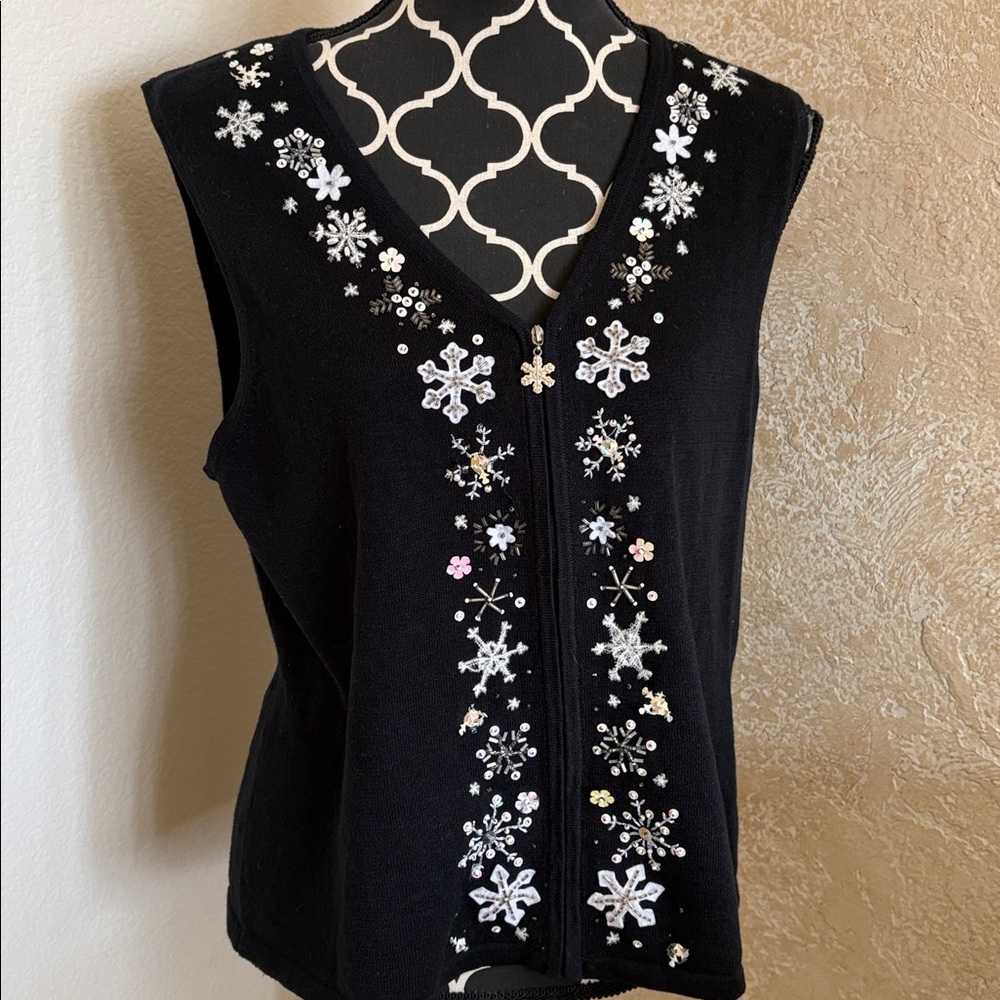 Women's Black Embellished Zip Up Vest